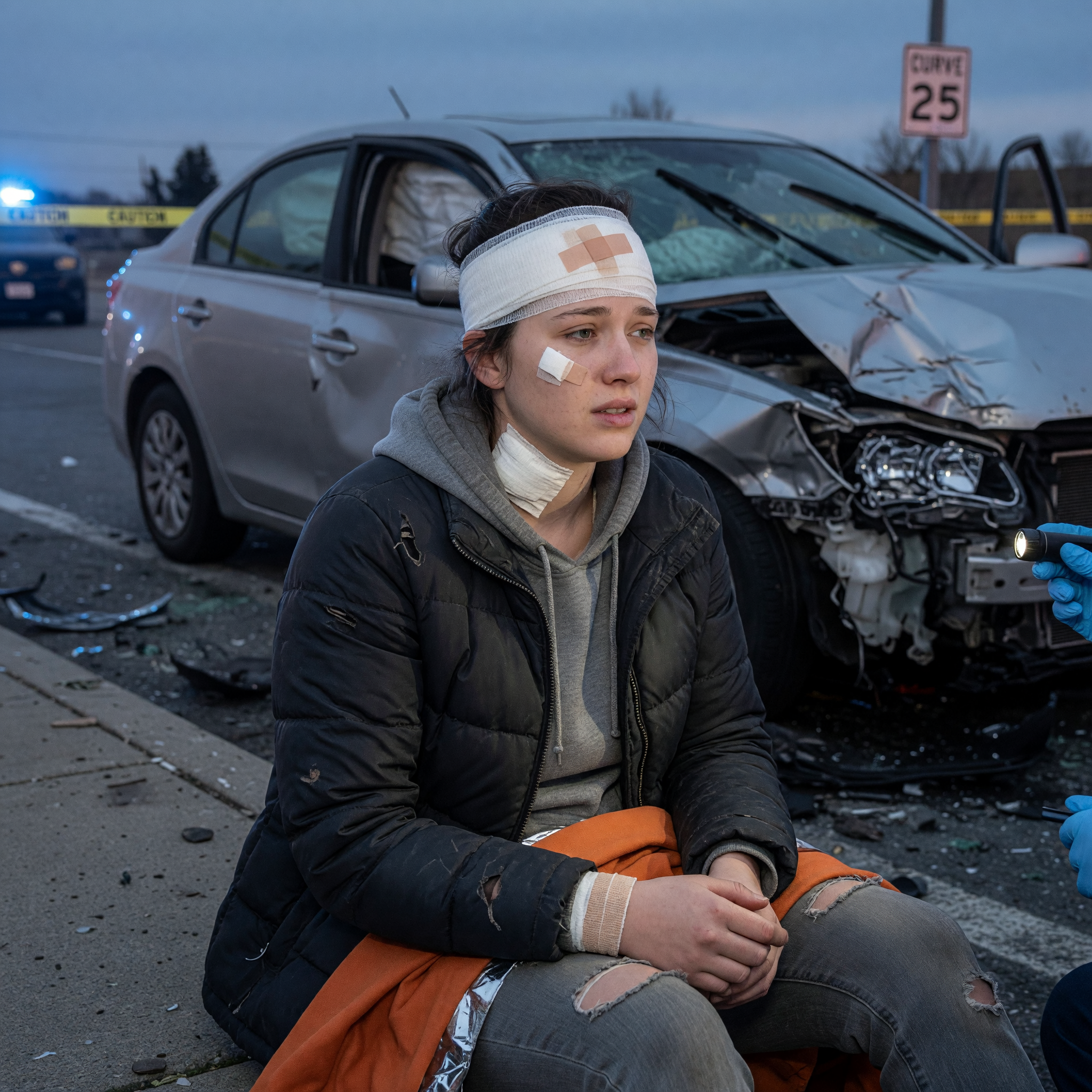 Injured woman sitting at the scene of a car accident