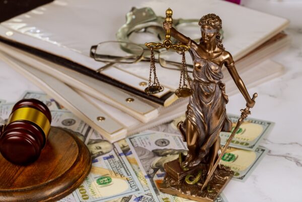 Things Everyone Should Know About Legal Funding. Image of a statue of Justice standing on top of cash and legal documents.